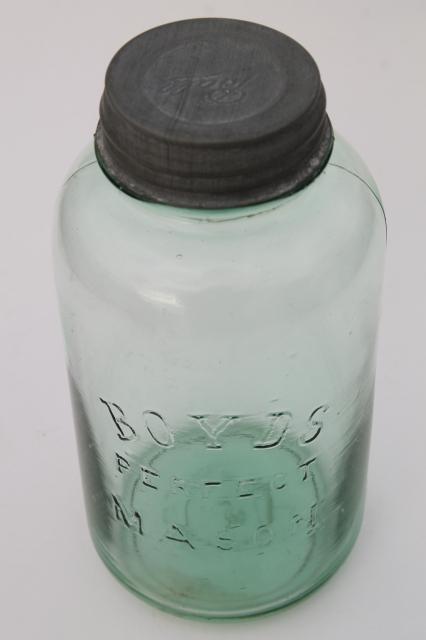 antique green glass big two quart canning jar, Boyd's Perfect Mason jar w/ Ball zinc lid
