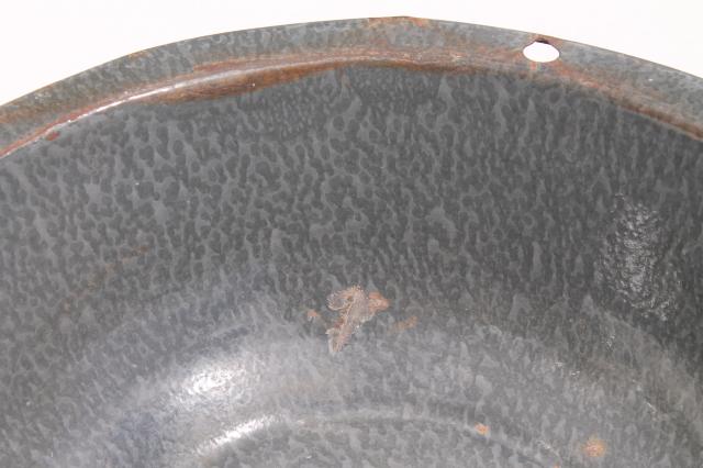antique grey graniteware enamel basin, dishpan or large bowl, vintage enamelware