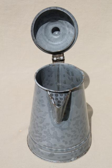 antique grey graniteware enamel coffeepot, primitive vintage coffee pot