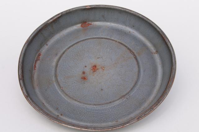 antique grey graniteware enamel pie pans or camp plates, vintage enamelwar