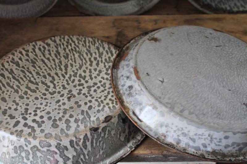 antique grey graniteware enamel pie pans or camp plates, vintage enamelware