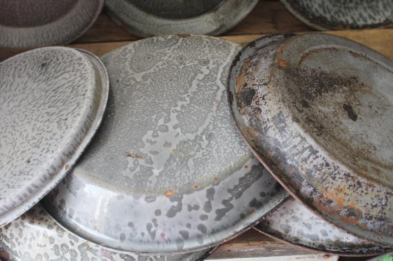 antique grey graniteware enamel pie pans or camp plates, vintage enamelware