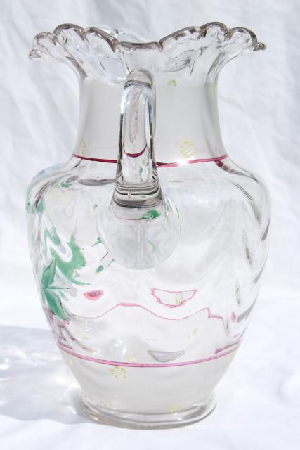 antique hand blown glass lemonade pitcher w/ hand painted enamel flowers