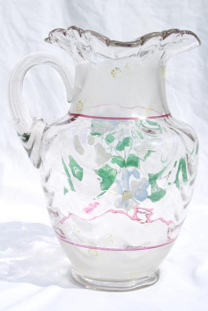 antique hand blown glass lemonade pitcher w/ hand painted enamel flowers