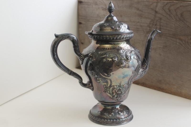 antique hand chased silver coffee pot or teapot, Victorian era vintage silverplate