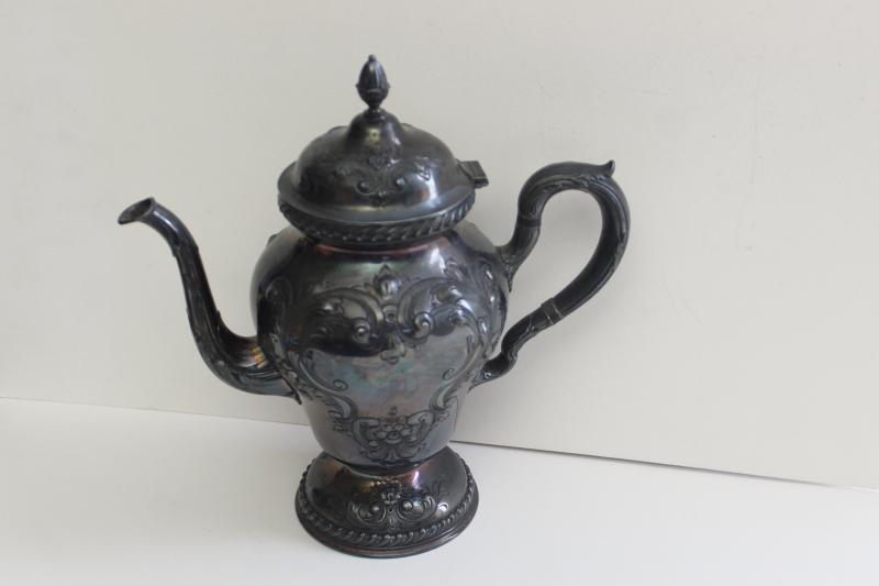 antique hand chased silver coffee pot or teapot, Victorian era vintage silverplate