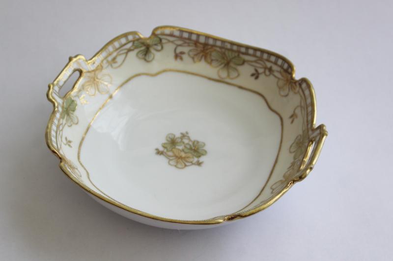 antique hand painted Nippon china bowl or candy dish w/ clover leaf, gold moriage