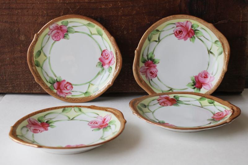antique hand painted Nippon china cake or sandwich plates, pink roses floral w/ gold