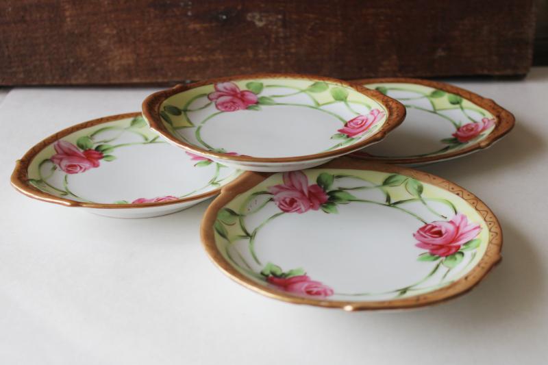antique hand painted Nippon china cake or sandwich plates, pink roses floral w/ gold