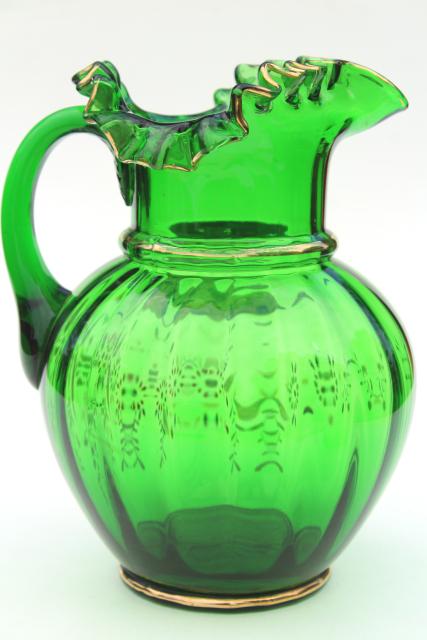antique hand painted blown glass pitcher, emerald green glass w/ flying blue bird