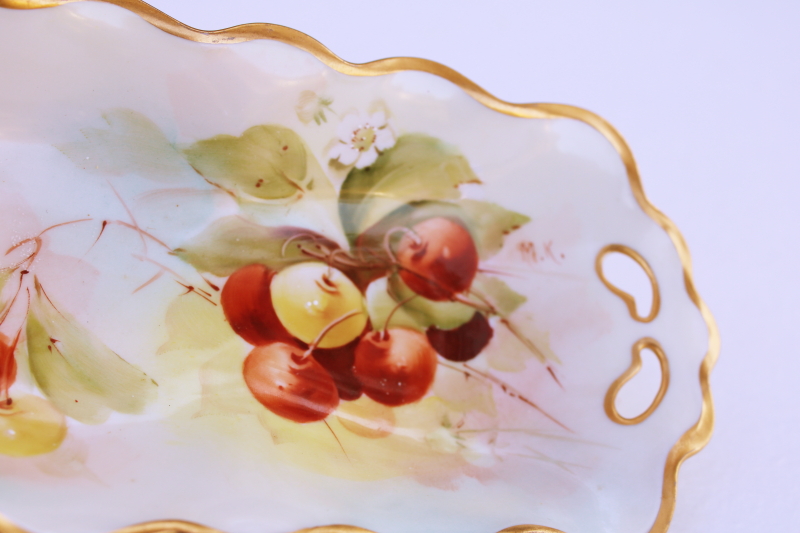 antique hand painted china w/ cherries, long dish or tray turn of the century vintage