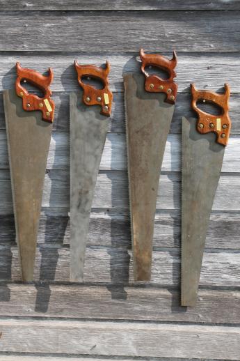 antique hand saw, lot of 4 cross-cut & rip saws, vintage woodworking tools