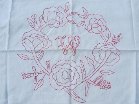 antique hand-embroidered pillow overlay cover, with red