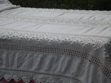 antique handmade bedspread crochet lace insertion, wide linen panels