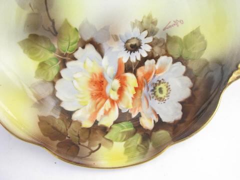 antique handpainted Noritake china bowl w/ handles, old M mark, vintage Japan