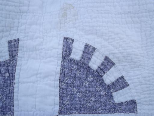antique hand-stitched sawtooth wheel quilt, vintage blue and grey on white