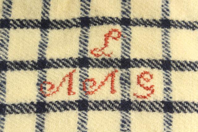 antique handwoven homespun wool blue &  white check Shaker blanket w/ red monogram embroidery
