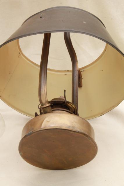 antique hanging brass oil lamp w/ metal shade, farmhouse or tavern light w/ old tarnish patina