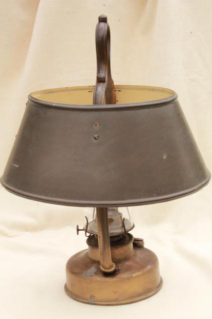 antique hanging brass oil lamp w/ metal shade, farmhouse or tavern light w/ old tarnish patina