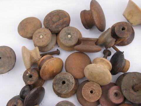 antique hardware lot, primitive old wood drawer pulls, large jar asst. wooden knobs