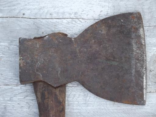 antique hatchet w/ broad axe blade, Wiss mark? primitive old farm tool ax