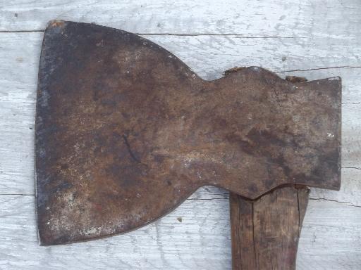 antique hatchet w/ broad axe blade, Wiss mark? primitive old farm tool ax