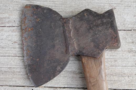 antique hatchet, rustic  hewing hatchet w/ broad ax head, primitive iron farm tool