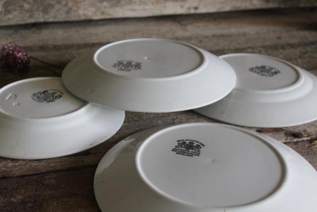 antique heavy white ironstone china plates, old English backstamps Royal Arms marks