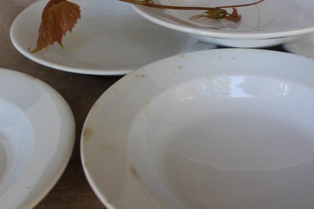antique heavy white ironstone china soup bowls, vintage Wedgwood etc English marks