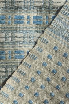 antique homespun hand woven linen tablecloth, vintage farmhouse blue & white unbleached flax