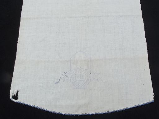 antique homespun linen hand-woven fabric table runner, blue and white embroidery