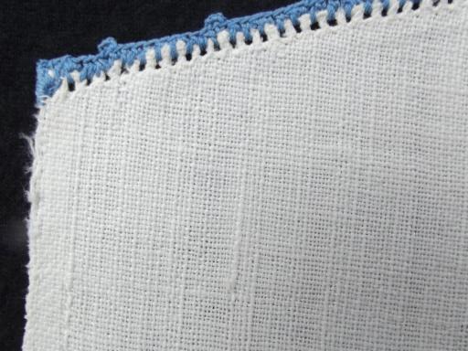 antique homespun linen hand-woven fabric table runner, blue and white embroidery