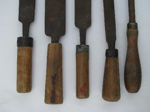 antique horse farrier horseshoeing tools&files w/primitive wood handles
