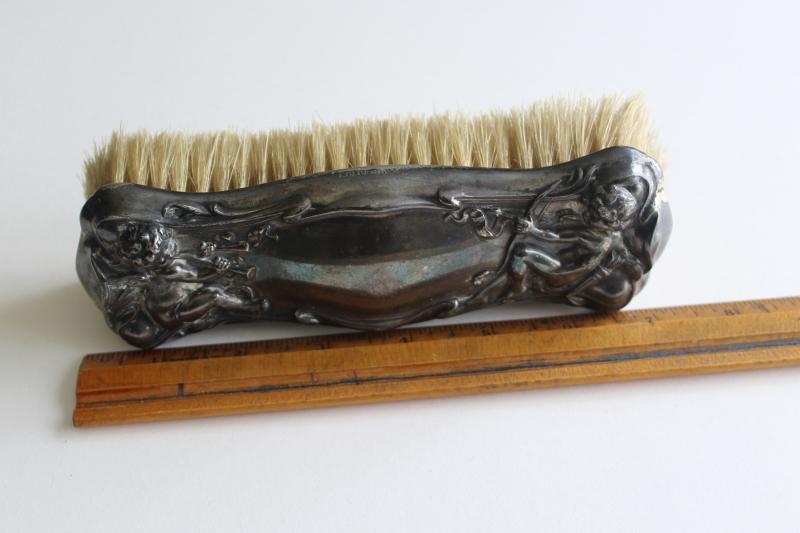 antique horsehair clothes brush, ornate silver plate w/ cherubs, vanity set brush
