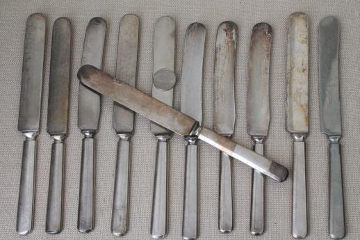 antique hotel silver knives & forks, shabby vintage silver plate flatware lot