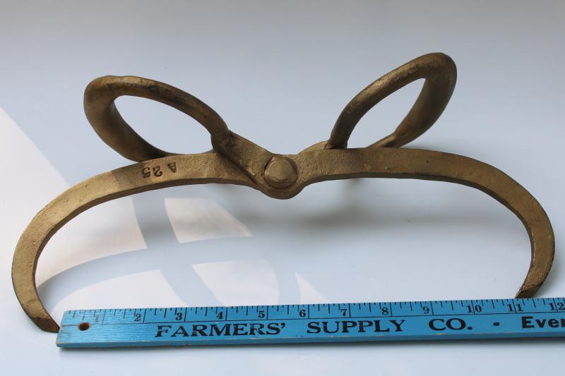 antique ice block tongs, heavy old forged iron tool ELCO Rockford Illinois