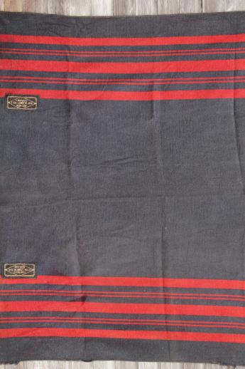 antique indigo blue & red camp blanket or lap robe, Ohio Blanket Mills labels