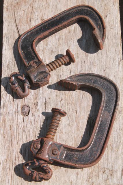 antique industrial tool woodworking or machinist's clamps, iron skeleton key turn screw clamps