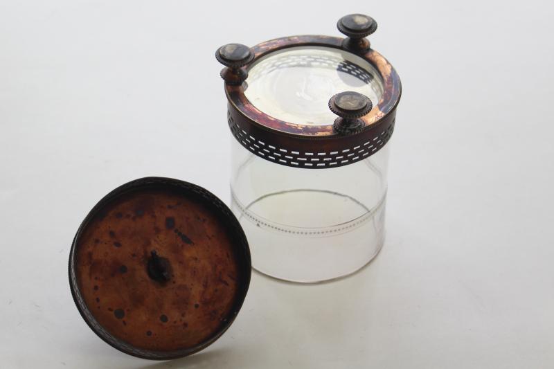 antique iridescent luster glass marmalade jar, silver over copper Deykin England hallmarks
