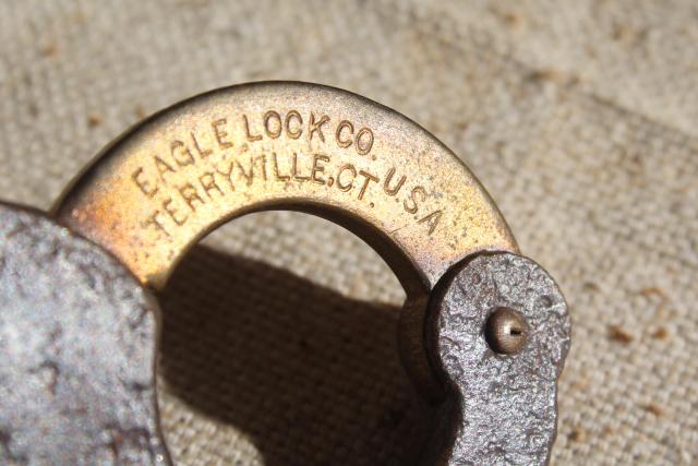 antique iron & brass padlock, 1800s vintage Eagle lock, locked without key
