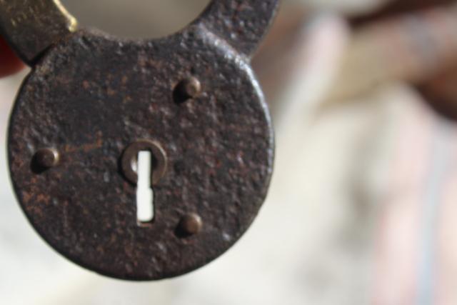 antique iron & brass padlock, 1800s vintage Eagle lock, locked without key