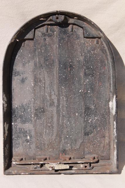 antique iron louvered register grate wall vent, arts & crafts vintage mission style arched window shape