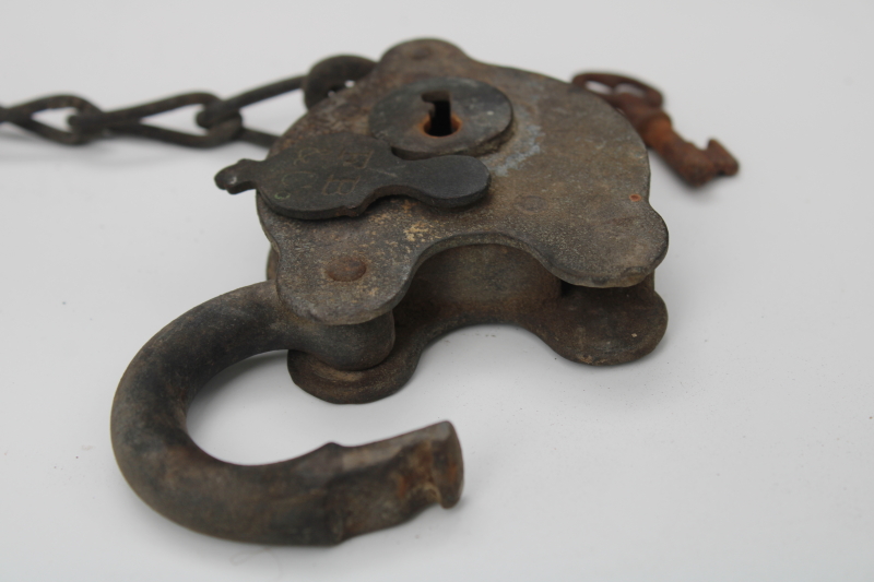 antique iron padlock w/ chain, brass cover keyhole working lock w/ key F B & Co 1800s vintage