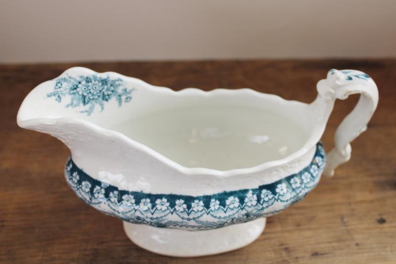 antique ironstone china gravy boat pitcher, Maltese floral transferware teal blue green