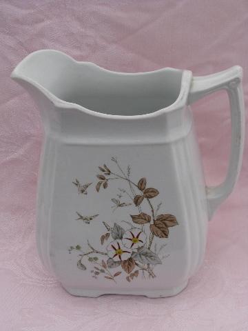 antique ironstone china wash pitcher, transferware morning golries
