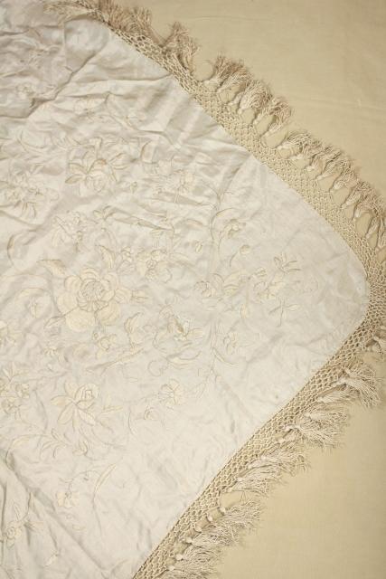 antique ivory silk piano scarf, embroidered fabric w/ tasseled fringe ...