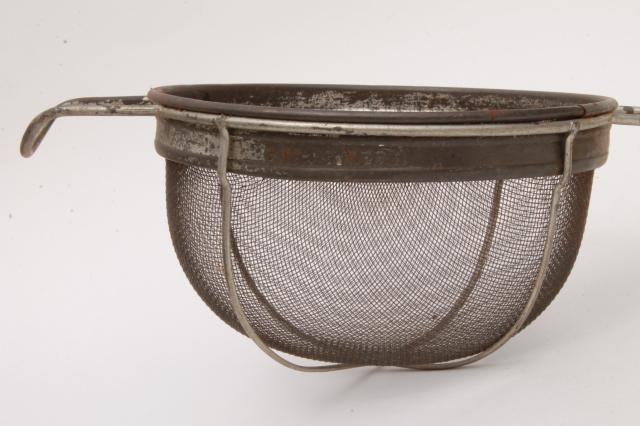 antique kitchen strainer, 20s 30s vintage art deco kitchenware, wood torpedo handle sieve