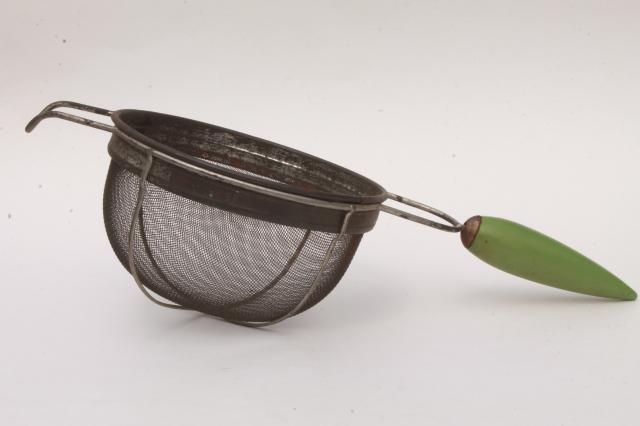 antique kitchen strainer, 20s 30s vintage art deco kitchenware, wood torpedo handle sieve
