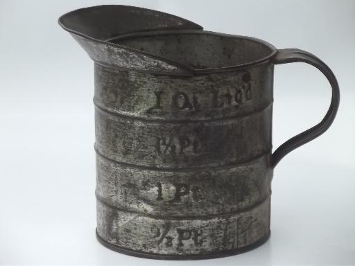 antique kitchen tinware, old tin measure & scoop, vintage  kitchenware