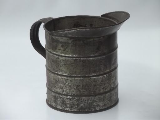 antique kitchen tinware, old tin measure & scoop, vintage  kitchenware